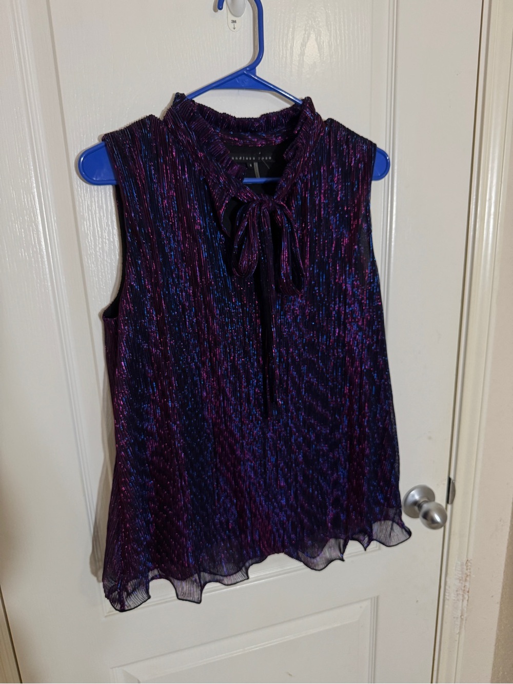 Endless Rose Pleated Sleeveless Blouse S Black Metallic Tie Neck Party Top